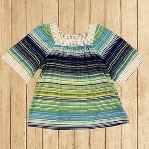 Hannah Size Small Beach Shirt Blue Green Zig-Zag Striped Resortwear Coastal